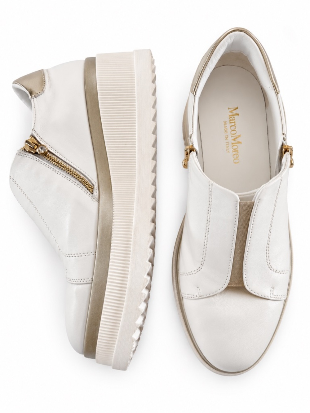 Marco Moreo Milano chunky heel leather sneakers side zips gold metallic 38 soft